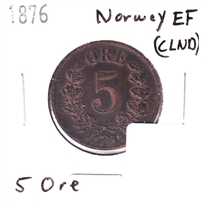 Norway 1876 5 Ore Extra Fine (EF-40) Cleaned