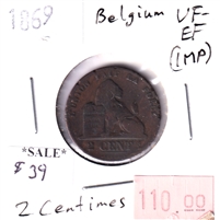 Belgium 1869 2 Centimes VF-EF (VF-30) impaired
