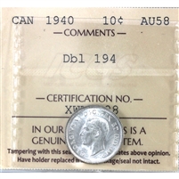 1940 Double 194 Canada 10-cents ICCS Certified AU-58