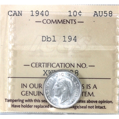 1940 Double 194 Canada 10-cents ICCS Certified AU-58