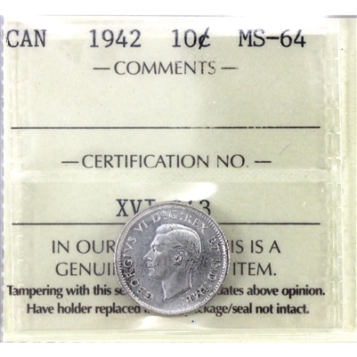 1942 Canada 10-cents ICCS Certified MS-64
