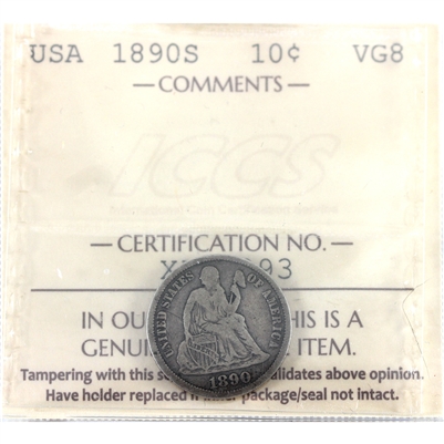1890 S USA Dime ICCS Certified VG-8