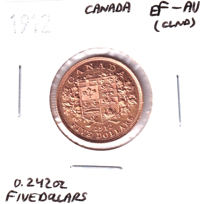 1912 Canada $5 Gold EF-AU (EF-45) Cleaned