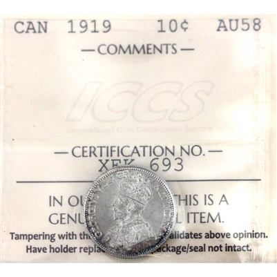 1919 Canada 10-cents ICCS Certified AU-58