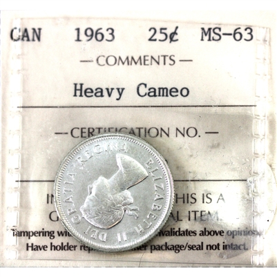 1963 Canada 25-cents ICCS Certified MS-63 Heavy Cameo