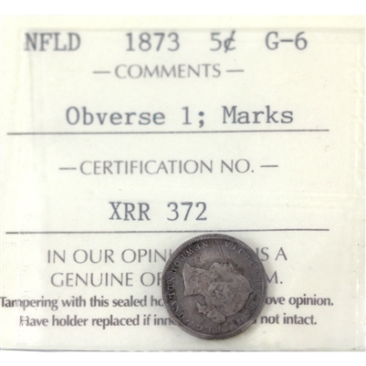1873 Obv. 1 Newfoundland 5-cents ICCS Certified G-6 (Marks)