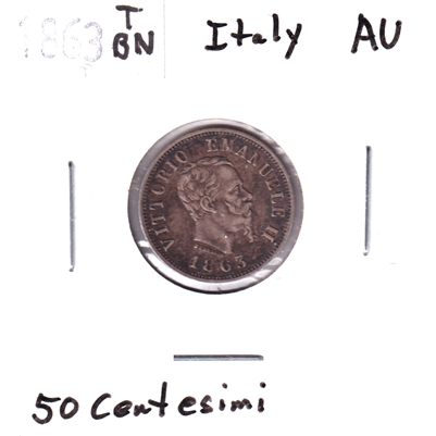 Italy 1863TBN 50 Centesimi Almost Uncirculated (AU-50)