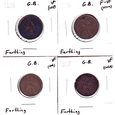 Lot of 4x Great Britain 1825, 1826, 1880 & 1886 Farthings F-VF or VF, 4Pcs (Impaired)