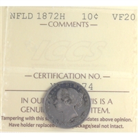 1872H Newfoundland 10-cents ICCS Certified VF-20
