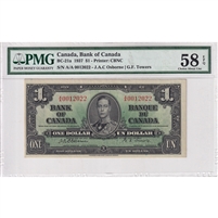 BC-21a 1937 Canada $1 Osborne-Towers, A/A, PMG Certified AU-58 EPQ