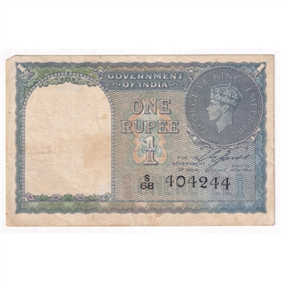 India Note Pick #25a 1940 1 Rupee, EF (stains)