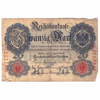 Germany Note 1910 Pick #40b 20 Mark Note, 7 Digit, VG (hole)