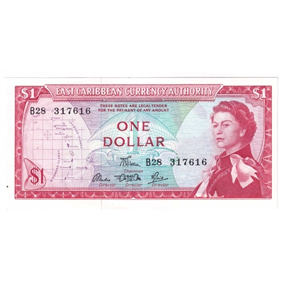 East Caribbean States Note, Pick #13d 1965 1 Dollar, Signature 5, AU (AU-50) Stain