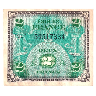 France Note, Pick #114a 1944 2 Francs, Almost Uncirculated (AU-50) Writing