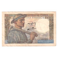 France Note Pick #99e 1944 10 Francs, Almost Uncirculated (AU-50) Tears