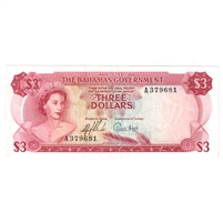 Bahamas Note, Pick #19a 1965 3 Dollars, 2 Signatures, EF-AU (EF-45) Writing