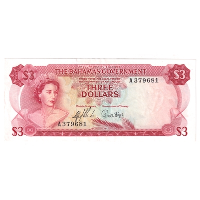 Bahamas Note, Pick #19a 1965 3 Dollars, 2 Signatures, EF-AU (EF-45) Writing