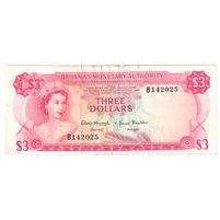 Bahamas Note, Pick #28a 1968 3 Dollars, Extra Fine (EF-40) Tears