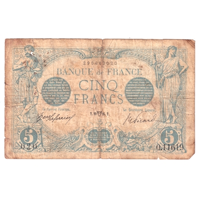 France Note, Pick #70 1912-1917 5 Francs, Fine (F-12) Damaged
