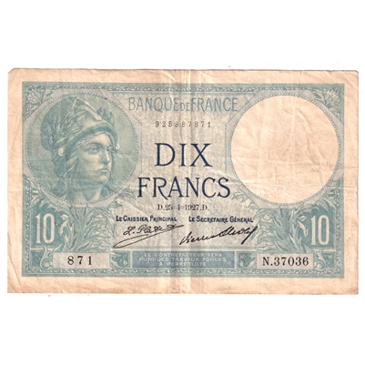 France Note, Pick #73d 1927 10 Francs, Very Fine (VF-20) Damaged