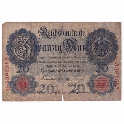 Germany Note 1908 20 Mark, VG (dam'g) (L)