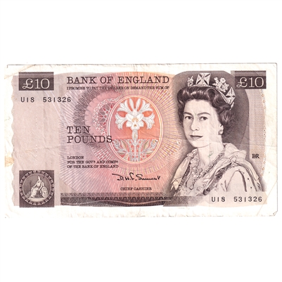 Great Britain Note BE160b 1980 10 Pounds, U--, VF (Damaged)