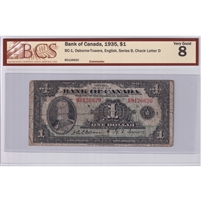 BC-1 1935 Canada $1 Osborne-Towers, English, Series B, Check D, BCS Certified VG-8