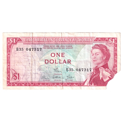 East Caribbean States 1965 Pick #13d 1 Dollar Sign 6 VF (damaged)