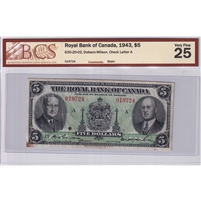630-20-02 1943 Royal Bank $5 Dobson-Wilson, Check Letter A BCS Certified VF-25 stain