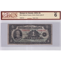 BC-2 1935 Canada $1 Osborne-Towers, French, BCS Certified G-6 (Holes, Tears)