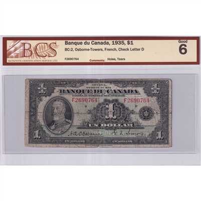 BC-2 1935 Canada $1 Osborne-Towers, French, BCS Certified G-6 (Holes, Tears)