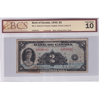 BC-3 1935 Canada $2 Osborne-Towers, English, BCS Certified VG-10 (Impaired)