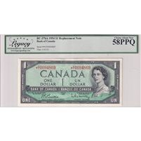 BC-37bA 1954 Canada $1 Beattie-Rasminsky Replacement, *O/Y, Legacy Certified AU-58 PPQ