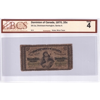 DC-1a 1870 Dominion 25-cent Shinplaster, A, BCS Certified G-4 (Holes, Minor Tears)