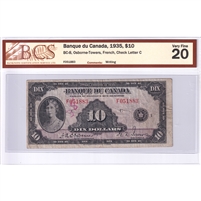 BC-8 1935 Canada $10 Osborne-Towers, French, Check C, BCS Certified VF-20 (Writing)