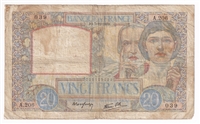 France Note 1939 20 Francs, VG-F (Damaged)