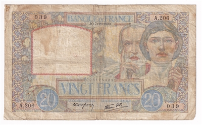 France Note 1939 20 Francs, VG-F (Damaged)