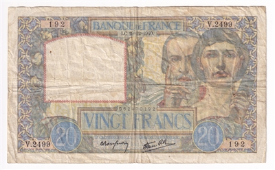 France Note, 1940 20 Francs, F (holes)
