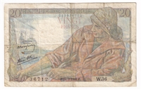 France Note, 1942 20 Francs, VF (Holes or damaged)