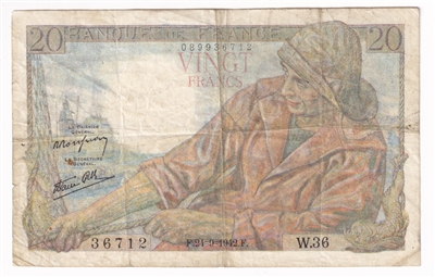 France Note, 1942 20 Francs, VF (Holes or damaged)
