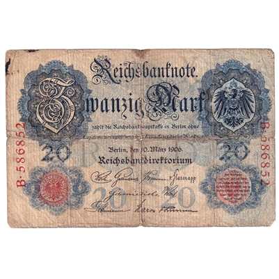 Germany Note 1906 20 Mark, VG (dam'g) (L)