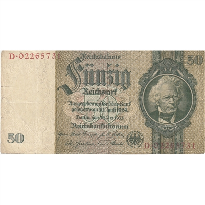 Germany Note 1933 50 Reichsmark Without Under, F-VF (tears)