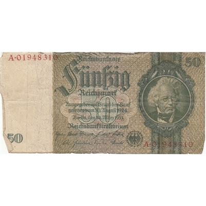 Germany Note 1933 50 Reichsmark without Under, VG-F (tears)