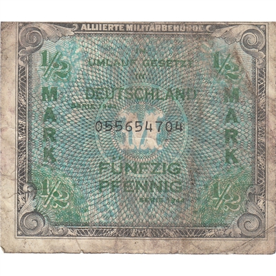 Germany Note 1944 1/2 Mark 9 Digit, VF (damaged)