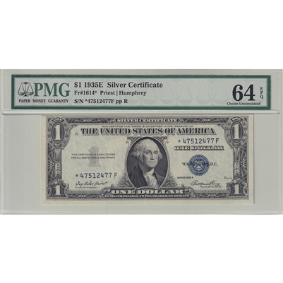 1935E USA $1 Note, FR #1614, Silver Certificate, Star Note, PMG Certified CUNC-64 EPQ