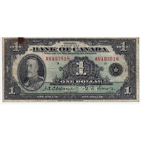 BC-1 1935 Canada $1 Osborne-Towers, English, Series A, Check Letter D, VF (Stain)