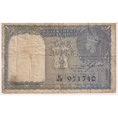 India 1940 1 Rupee Note, Pick #25a, Fine (Tears)