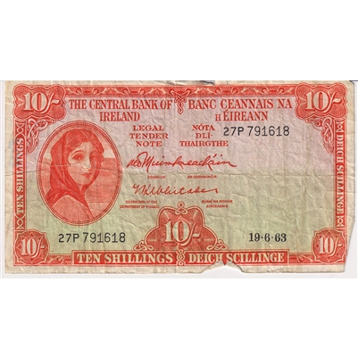 Ireland 1963 10 Shillings Note, E074, VF (Damaged)