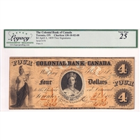 130-10-02-08 1859 Colonial Bank of Canada $4, Two Sigs., Legacy Cert. VF-25 (Issues)
