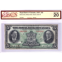 630-14-04 1927 Royal Bank of Canada $5 Wilson-Holt, Check B, BCS Cert. VF-20 (Writing)
